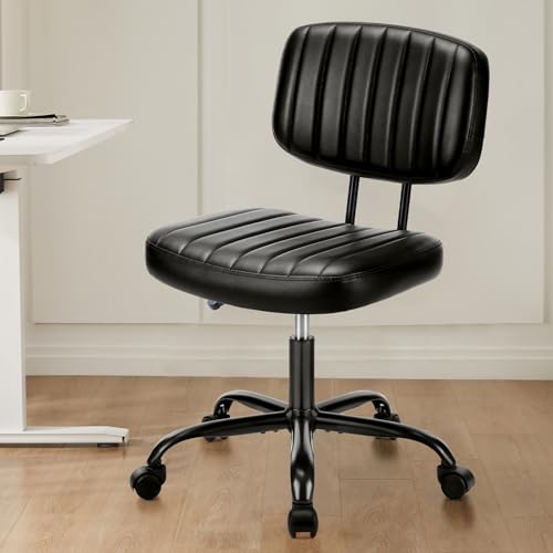 Sweetcrispy Small Office Desk Chair - Armless PU Leather with Comfy Lumbar Support, Height Adjustable Rolling Swivel Task for No Arms, for Adult, Student, Bedroom, Home, Vanity, Black