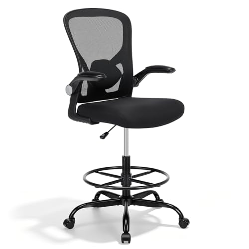 shipborne Drafting Chair, Tall Office Chair for Standing Desk, Mesh High Desk Chair with Flip-Up Armrests, Ergonomic Office Chair with Lumbar Support, Adjustable Footrest Ring Studio Chair, Black