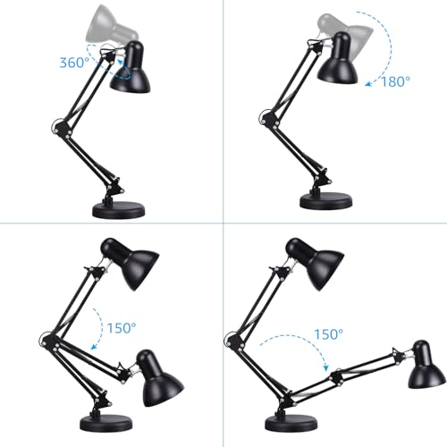 TORCHSTAR Metal Desk Lamp with Clamp, Swing Arm, Architect Adjustable Gooseneck Table Lamp, Clip Desk Lights for Home Office, Work, Study, Reading, E26 Base, Multi-Joint, Black