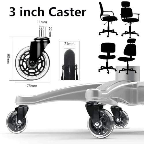 BEYEE Office Chair Wheels - Replacement Rubber Wheels - Universal Fit 3 Inch Casters, Heavy-Duty Chair Casters, Noise Free, Fits 98% Chair
