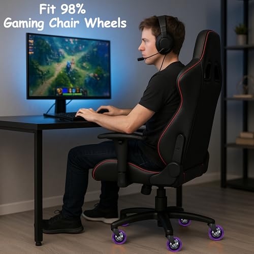 3” Office Chair Wheels Set of 5, 11x22mm Heavy Duty Chair Casters for Hardwood Floor, Smooth Rolling Rubber Caster Wheels Replacement Fits 98% Gaming Chair, Purple