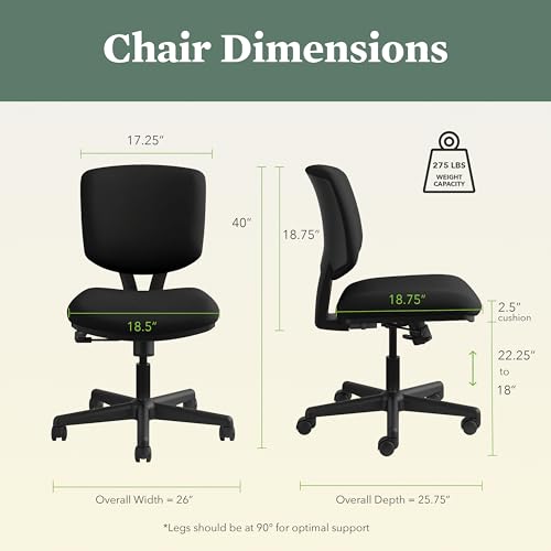 HON Volt Ergonomic Office Chair with Fabric Seat and Back, Armless Desk and Computer Chair with Adjustable Center‑Tilt Recline and Wheels for Home Office or Workstation, Black
