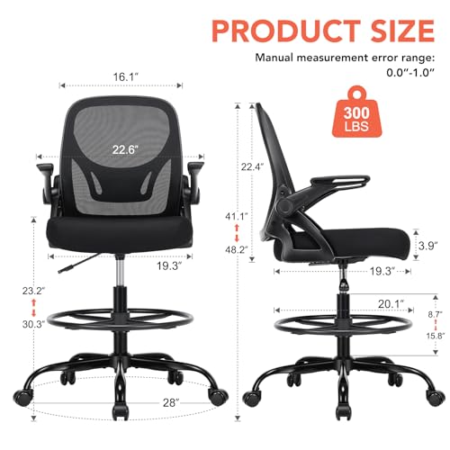 shipborne Drafting Chair, Tall Office Chair with Adjustable Footrest Ring, Standing Desk Chair with Flip-Up Armrests, Breathable Mesh High Desk Chair for Counter Height Desk, Black