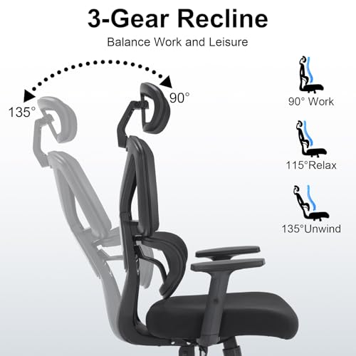 Ergonomic Office Chair,Computer Desk Chair with Adjustable Lumbar Support & 3D Headrest,5D Armrests,90-135° Recline,Breathable Mesh High Back,BIFMA Certified,Home Office Gaming Chair for Adults,Black