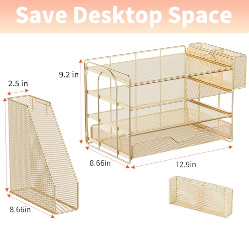 OPNICE Desk Organizers and Accessories, 4-Tier Office Desk Accessories & Workspace Organizers with Drawer and Pen Holder, Desktop Paper Tray File Organizer for Home Office Supplies, Gold