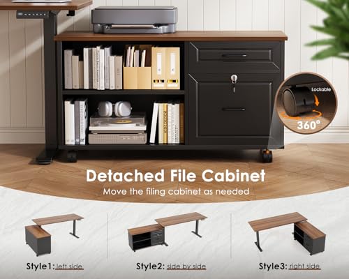 OffiGo 55 Inch L Shaped Electric Standing Desk with Drawers & File Cabinet Sets, Executive Sit Stand Desk, Height Adjustable Computer Desk for Home Office, Writing, Workstation, Walnut+Black