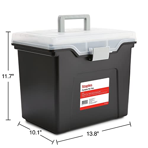STAPLES File Folder Tote, Portable Filing Box for Letter SIze Hanging Folders, Security Latch & Built-In Lid Organizer, Black/Clear