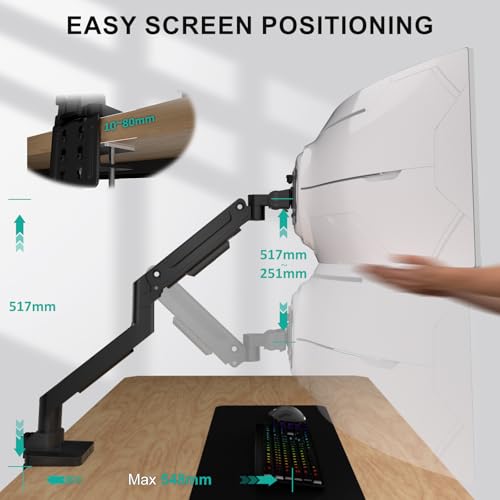 WALI Ultrawide Single Monitor Arm for 13-49 Inch Heavy Duty 1000R Curved Screens, up to 44 Lbs, Adjustable Single Monitor Desk Mount with C-Clamp, Grommet Base, 75/100mm VESA Mount (GSM001XL), Black
