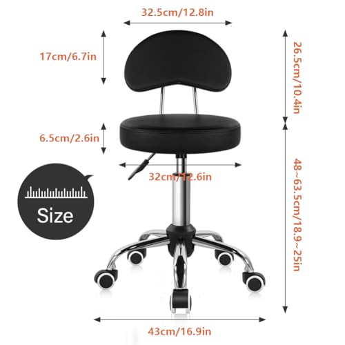 KKTONER Rolling Stool with Mid Back Height Adjustable Chair PU Leather Swivel Chair with Wheels for Office Home Task Drafting (Black)