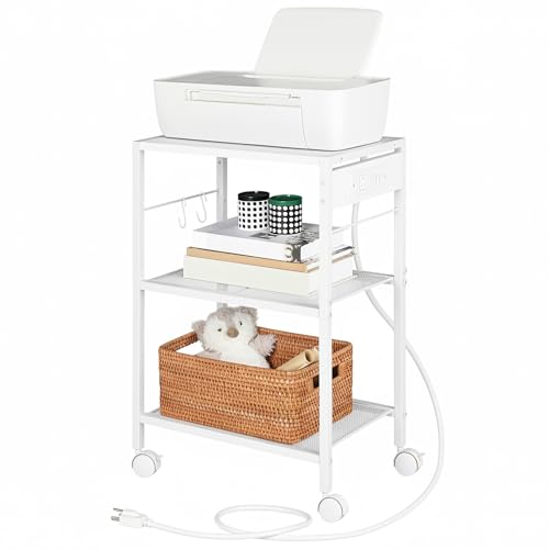 HOOBRO Industrial Printer Stand, 3-Tier Mobile Printer Table, Rolling Cart with Power Outlets and USB Ports, Home Printer Stand with 2 Hooks, for Office, Living Room, White WW22UPS01