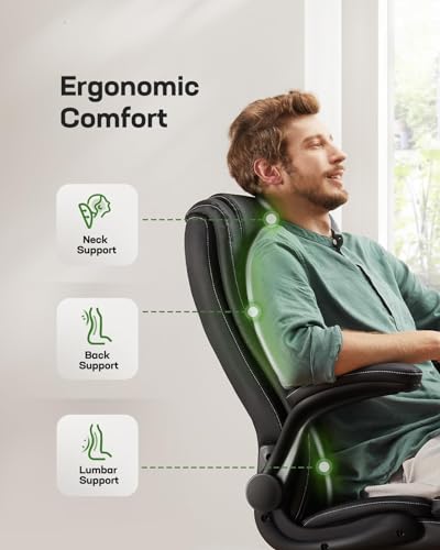 Marsail Executive Office Chair Ergonomic Desk Chair with Flip-up Armrests PU Leather Height-Adjustable Swivel Rolling Dark