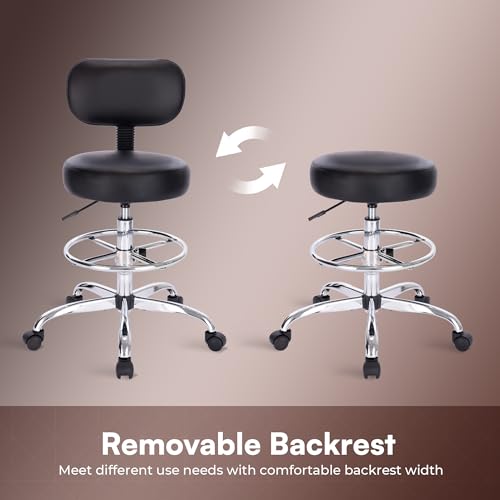 SUPERJARE Drafting Chair with Back, Adjustable Foot Rest Rolling Stool, Multi-Purpose Office Desk Chair, Thick Seat Cushion for Home Bar Kitchen Shop - Black