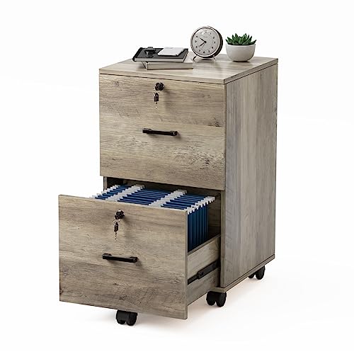 VINGLI 2 Drawer File Cabinet with Lock, Wood Rustic Gray Filing Cabinet for Letter Size File Folders with Tabs, Under Desk Rolling File Cabinets for Home Office, Mobile File Organization Printer Stand