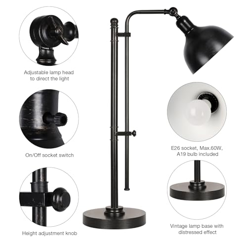 PARTPHONER Industrial Adjustable Desk Lamp for Home Office, Farmhouse Table lamp 29''-38'', Rustic Metal Task Desk Lamp in Aged Bronze Finish, Vintage Reading Lamp for Study Room，Black