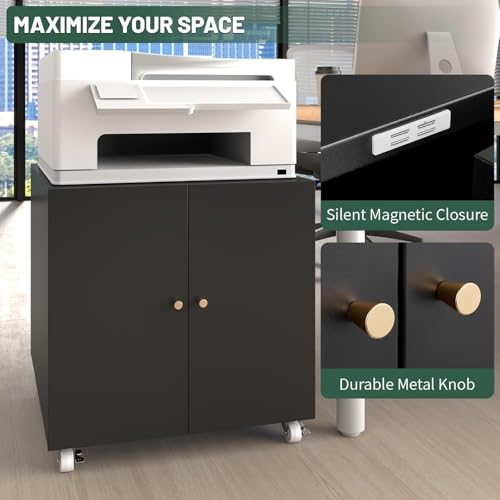 TEEALUBAN Large Printer Stand with Storage,3D Heavy-Duty Printer Table for Home Office with Wheels,2 Doors and Adjustable Shelves,23.62" H Black