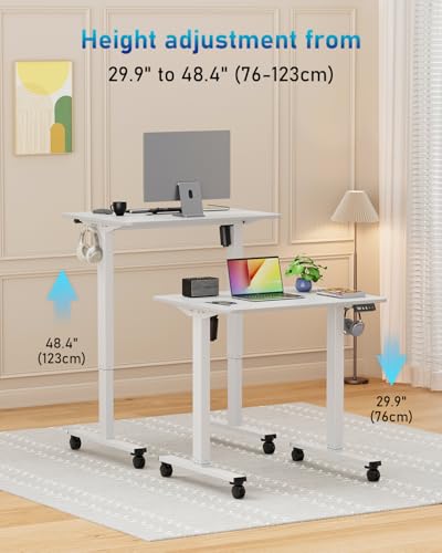 Xyndyx 32" Small Electric Rolling Standing Desk Adjustable Height, Mobile Sit Stand up Desk with Lockable Casters for Home Office & Computer Workstation, Splice Board, 2 Hooks, White Frame/White Top