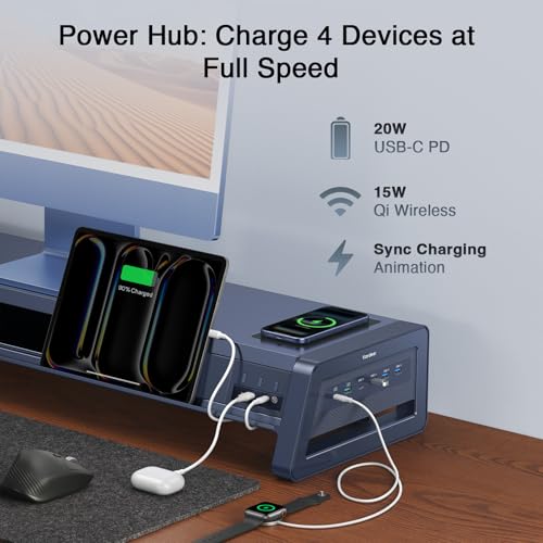 Vaydeer All-in-One Dual Monitor Stand Riser with 2 Drawers, 8USB Ports and Wireless Charging Pad with LED Light Strip for 2 Monitors , Desk Organizer for PC, iMac (Metal, 39.3 inches)-White