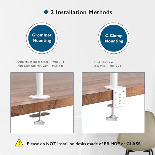 BONTEC Dual Monitor Desk Mount, Full Motion Adjustable White Monitor Stand for 13–27 Inch Screens, Heavy Duty Arms Hold 22 lbs Each, VESA 75x75/100x100, C Clamp and Grommet Base, Cable Management