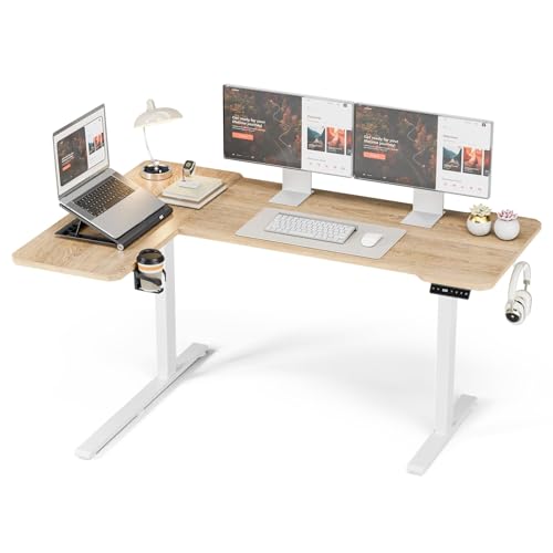 Acrolix L Shaped Electric Standing Desk - 59x40 Inch Reversible Corner Sit Stand Desk with Hook&Cup Holder,Electric Height Adjustable Table,for Home Office Gaming Computer Desk, Oak