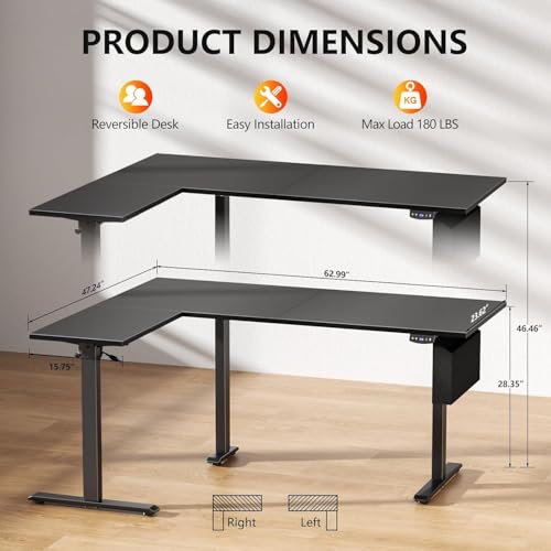 Korfile L Shaped Electric Standing Desk,63 Inch Adjustable Height Sit to Stand Corner Desk with Memory Presets, Reversible Computer Table for Home Office, Work and Study, Black