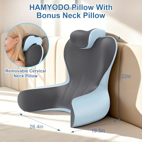 Reading Pillow for Sitting in Bed,22" H Back Support Pillow for Sitting up,Back Rest & Lumbar Support Pillows with Arms, Bed Rest Chair Cushion,Chaise Lounges Reclining,Gaming,Work,Resting(Grey&Blue)