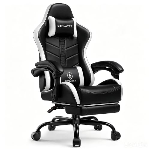GTPLAYER Gaming Chair for Adults, Ergonomic Computer Gaming Chair with Footrest, Height Adjustable, 90-155° Recline & Removable Headrest Lumbar Support, Snow White