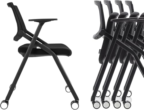 BROBRIYO, 10 Pack Stackable Conference Room Chairs with Wheels and Paddle, Ergonomic Mesh Back and Arms for Meeting, Conference, Reception, Training Room & Home Office Desk Folding Chairs, Black