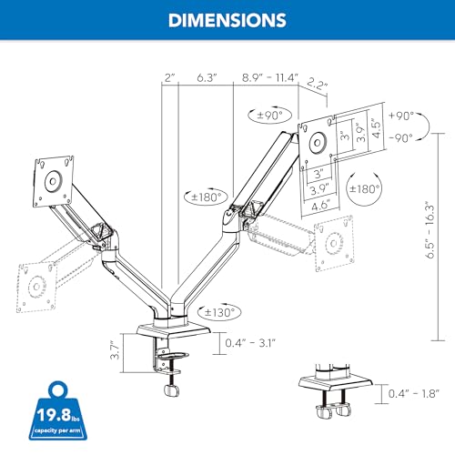 Mount-It! Dual Monitor Mount, Full Motion Spring Arms, Fits 17–32″ Screens up to 19.8 lbs Each, VESA 75x75 & 100x100, Tilt/Swivel/Rotate, Clamp or Grommet Dual Monitor Desk Mount
