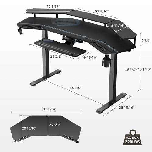 EUREKA ERGONOMIC Gaming Desk, Standing Desk w Keyboard Tray, 72" Wing Shaped Music Studio Table with LED Shelves, Gaming Recording Live Stream, Slot Design