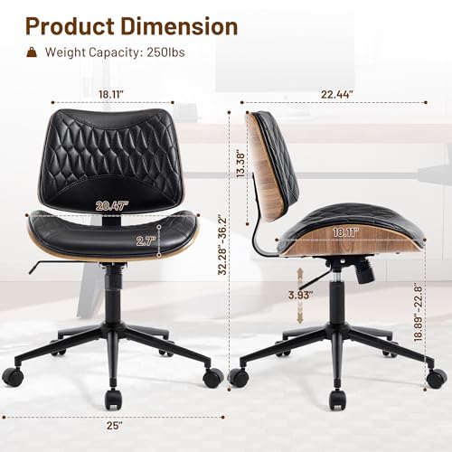 KBEJDBS Walnut Bentwood Mid Back Armless Office Chair 1 Pack, Adjustable Height PU Leather Swivel Desk Chair with Wheels, Rolling Computer Task Chair for Home Office, Study, Meeting Room