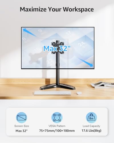 MOUNTUP Single Monitor Stands, Freestanding VESA Monitor Desk Mount fits 13'' to 32'' Computer Screen with Height Adjustable, Swivel, Tilt, Rotation, 17.6 lbs Load, For Home Office, VESA 75x75/100x100