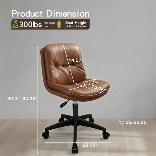 Timbertouch Armless Rolling Desk Chair, PU Leather Ergonomic Task Chair with Lumbar Support, Adjustable Height 360° Swivel Computer Chair for Home Office, Vanity, Bedroom & Small Spaces, Brown