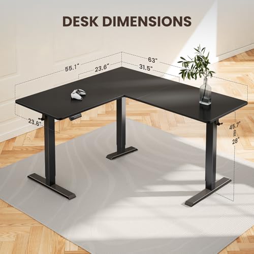 ErGear L Shaped Standing Desk, 63"x55" Electric Adjustable Height Sit Stand up Desk, Ergonomic Large Computer Table, Left & Right Interchangeable Installation, Suitable for Home Office, Black