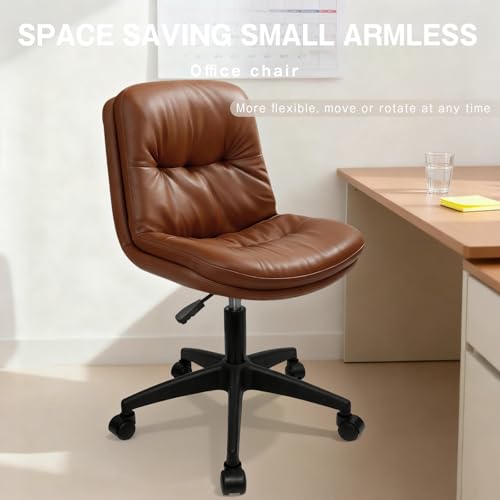 Timbertouch Armless Rolling Desk Chair, PU Leather Ergonomic Task Chair with Lumbar Support, Adjustable Height 360° Swivel Computer Chair for Home Office, Vanity, Bedroom & Small Spaces, Brown