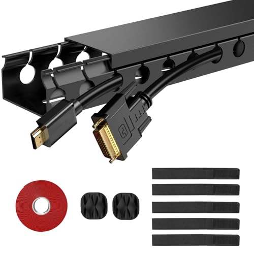 ENONCI Updated Cable Raceway Kit - 77 (5x15.4) Inch Open Slot Wire Covers for Cords, Under Desk Cable Management System to Hide Under Desk/Tv/Computer/Net/Power Cords, (Pack 5)