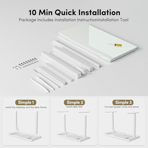 BANTI Electric Standing Desk with Drawers, 48 inch Whole-Piece Glass Desktop, Height Adjustable Stand up Sit Stand Home Office Ergonomic Workstation, White Tabletop