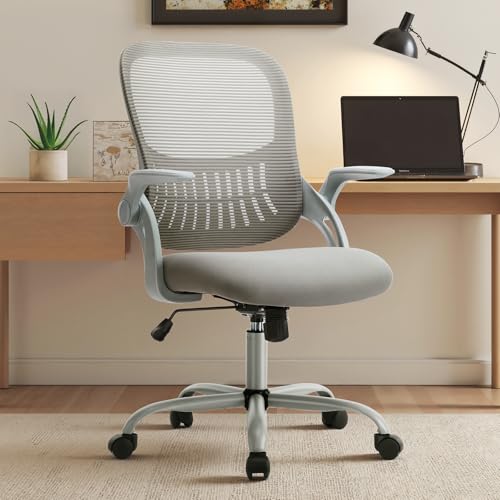 Sweetcrispy Home Office Managerial Executive Chair, Ergonomic Mesh Adjustable Swivel Mid-Back Chair with, Flip-up Arms, Comfortable Lumbar Support, Comfy Arms for Bedroom,Study,Student, Grey