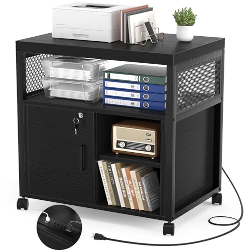 Unikito Lateral File Cabinet, Locking Office Printer Stand with Sockets and USB Charging Ports, Modern Rolling Printer Desk with Storage for A4, Letter Size and File Folders, Black