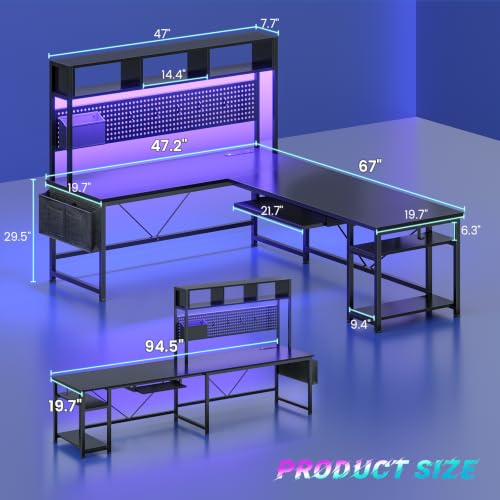 SEDETA L Shaped Gaming Desk, Reversible Computer Desk with Power Outlet and Pegboard, Gaming Desk with Led Lights, Keyboard Tray and Storage Bag for Home Office, Black