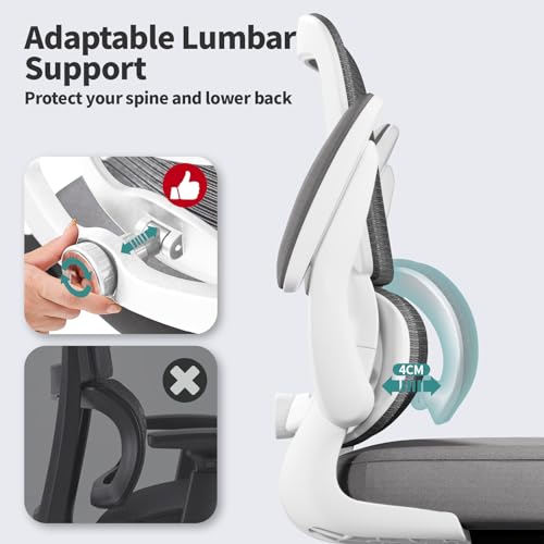 TRALT Office Chair - Ergonomic Desk Chair with Adjustable Lumbar Support, Mesh Computer Chair, Executive Chairs for Home Office Comfortable Lumbar Support (White)