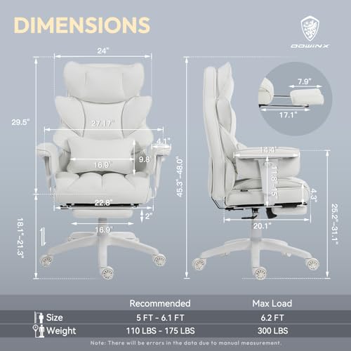 Dowinx Big and Tall Office Chair with Pocket Spring Cushion,High Back Computer Gaming Chairs with Adjustable Armrests and Lumbar Support,Executive Desk Chairs with Footrest(PU,White)