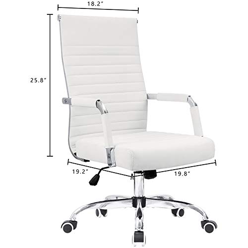 KaiMeng Ribbed Office Desk Mid Back Computer Chair Height Adjustable Conference Executive Task Swivel PU Leather (White)