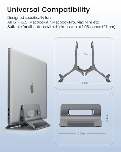 SODI Vertical Laptop Stand for Desk, Gravity Auto Lock MacBook Stand, Aluminum Laptop Holder Vertical Compatible with MacBook Pro, Air, Tablet, Space-Saving Organize Work & Home Office, Gray