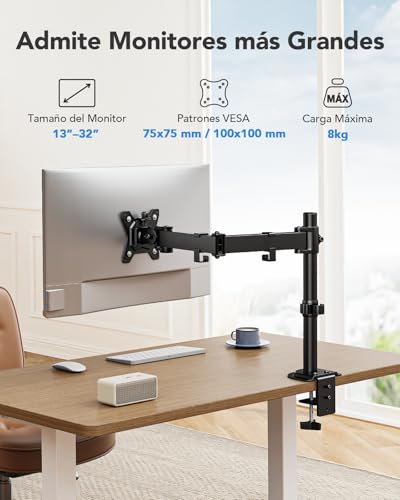 HUANUO Single Monitor Mount, Monitor Arm for 13”-32” Monitors up to 17.6 lbs, Adjustable Stand with 16” Max Height, Desk Mount with C-Clamp and Grommet Base, VESA 75x75mm or 100x100mm