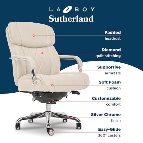 La-Z-Boy Sutherland Quilted Leather Executive Office Chair with Padded Arms, High Back Ergonomic Desk Chair with Lumbar Support, Ivory White Bonded Leather