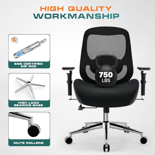 750lbs Big and Tall Office Chair with Wide Thick Seat Cushion for Heavy People Ergonomic Computer Mesh Desk Chairs with 4D Armrests, Adjustable Lumbar Support for Adults 8 Hours daliy Work