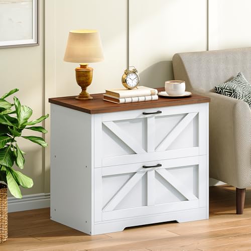 HOOBRO 2 Drawer File Cabinet, Farmhouse Lateral Filing Cabinet for Letter/A4/Legal Size, Large Wooden Office Storage Cabinet, Printer Stand for Home Office, White and Walnut WH48WJ01