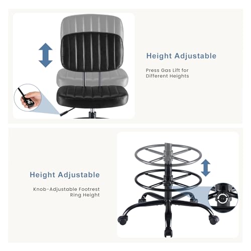 DUMOS Armless Drafting Chair, Low Back Office Seat with Adjustable Footrest Ring for Standing Desk, Ergonomic PU Leather Office Seating, Swivel Rolling High Stool for Studio, Lab, Counter, Black