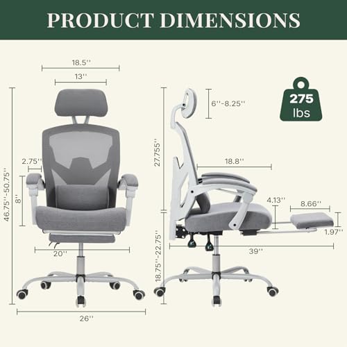HAPPYMONT Ergonomic Office Chair with Footrest, High Back Home Desk Chair with Lumbar Support & Headrest, 90-135° Reclining Mesh Back Computer Chair with Wheels for Work, Gaming, Grey