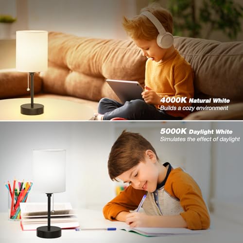 Small Bedside Table lamp for Bedroom - 3 Color Temperatures Bedside Lamps with USB C and A Ports, Pull Chain Table Lamps with AC Outlet, White Nightstand Lamps with Black Metal Base for Kids Reading